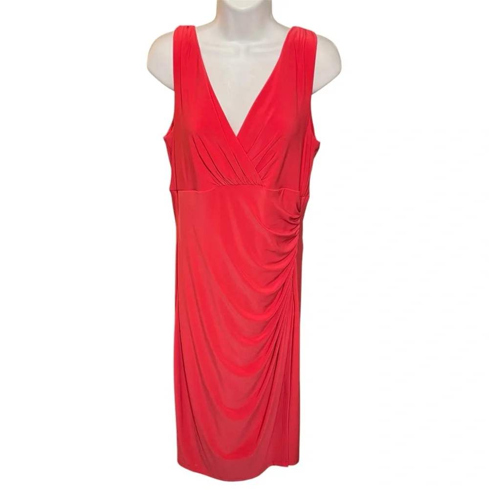 Ralph Lauren Red Sleeveless Faux Wrap Draped Sheath Dress Size 12